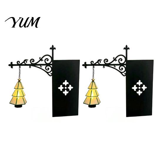 Home Soft Furnishing Christmas Tree Bookshelf Lantern, Vintage Iron Wall Hanging Decor, LED Warm Battery Operated Light Bookend Ornament, Rustic