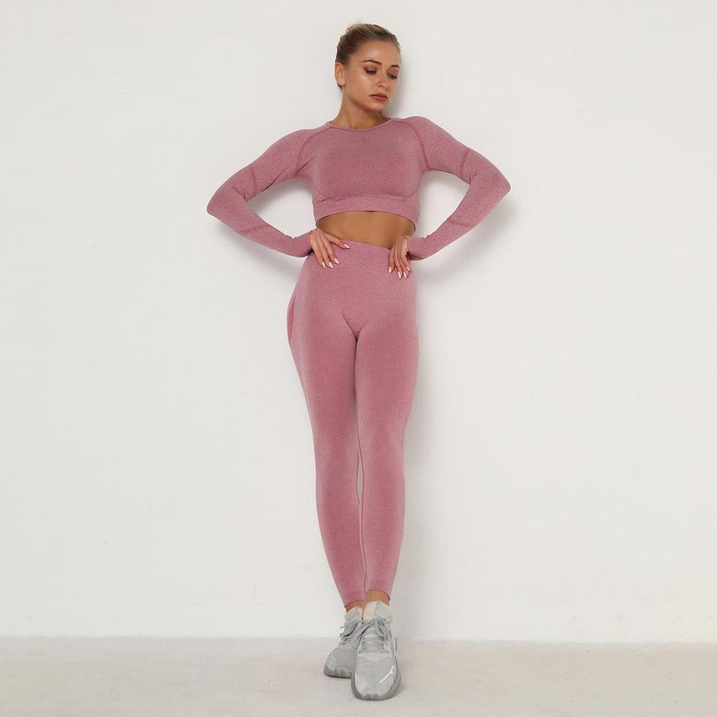 Women Seamless Yoga Suit Sweat Absorbing Hip Lifting High Waist Fitness Pants Tight Long Sleeve Sports Suit