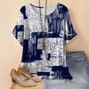 A New Summer Women's Round-neck Short-sleeved Loose Color-blocking Printed Top