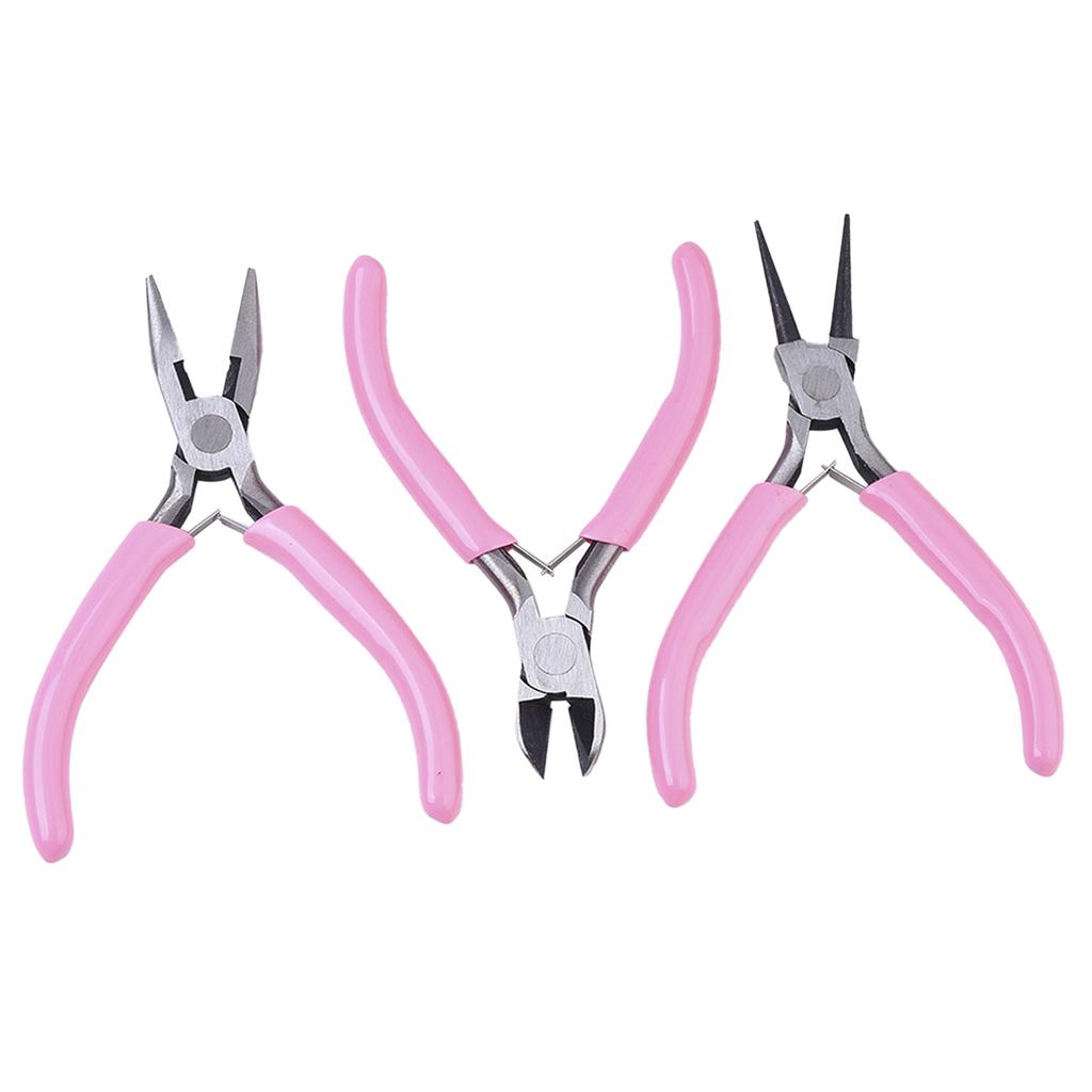 3Pcs Pliers Set Pink Handle Carbon Steel Round Nose Pliers Shear Pliers Side Cutting Pliers DIY Jewelry Making Tools