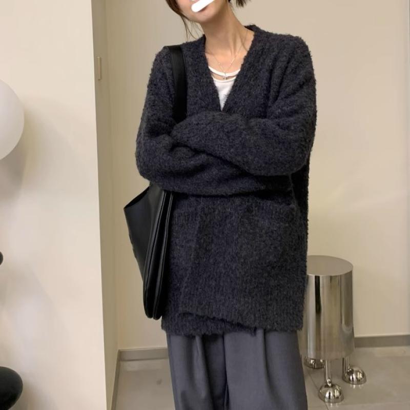 Women's Autumn Winter Basic Knitted Cardigan Sweater Solid Color Long Thick Warm Sweater Casual Jacket With Pockets