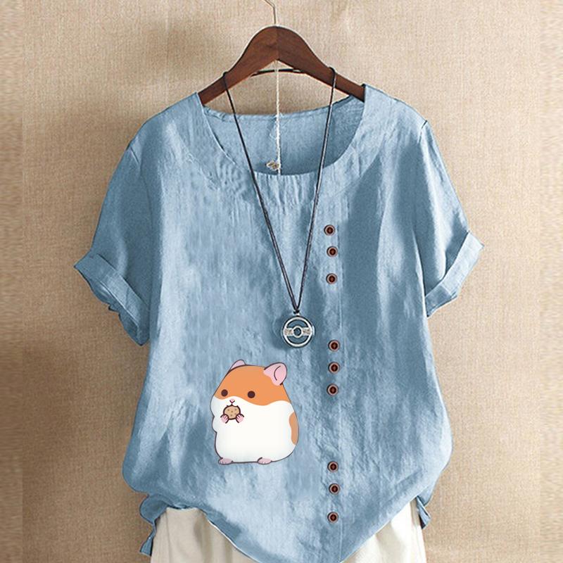 Женская модная футболка с круглым вырезом и коротким рукавом, повседневная рубашка из хлопка и льна с рисунком, свободная летняя блузка с принтом Hamster Life, топы