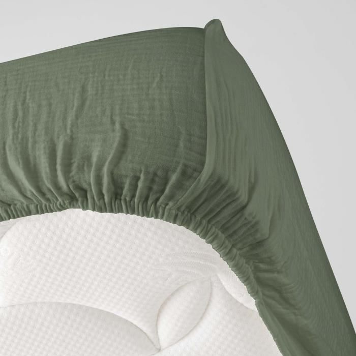 Drap housse - Angelia - 140 x 190 cm - Gaze de coton - Kaki - Bonnet 30 cm