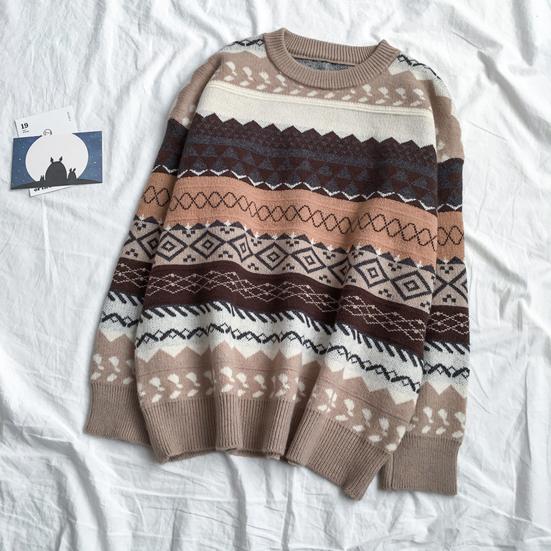 Женский осенне-зимний свободный свитер, пуловер с круглым вырезом и длинными рукавами, топы, вязаные джемперы в полоску с принтом, повседневный трикотаж