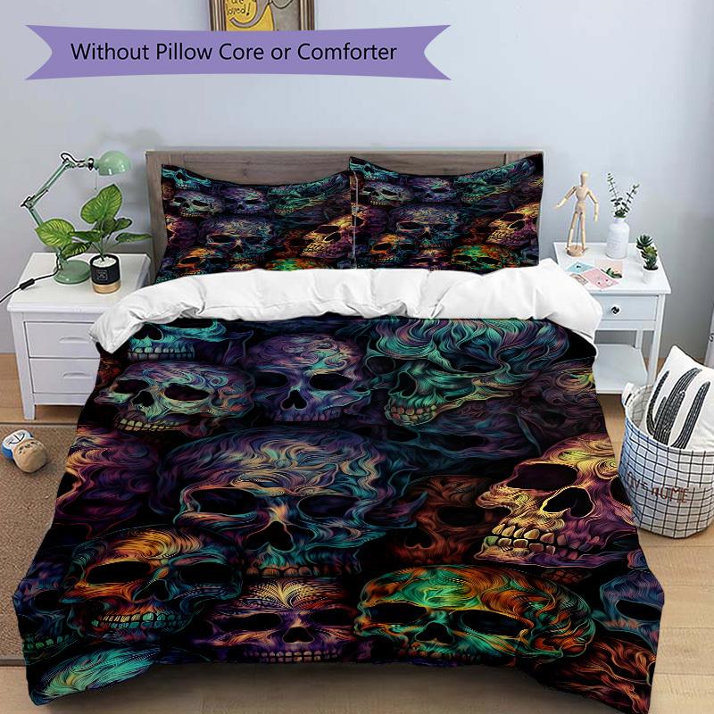 3pcs Skull Festival Bedding Set, Includes 1 Comforter + 2 Pillowcases, Without Pillow Inserts, Soft Comfortable, Lightweight Breathable096