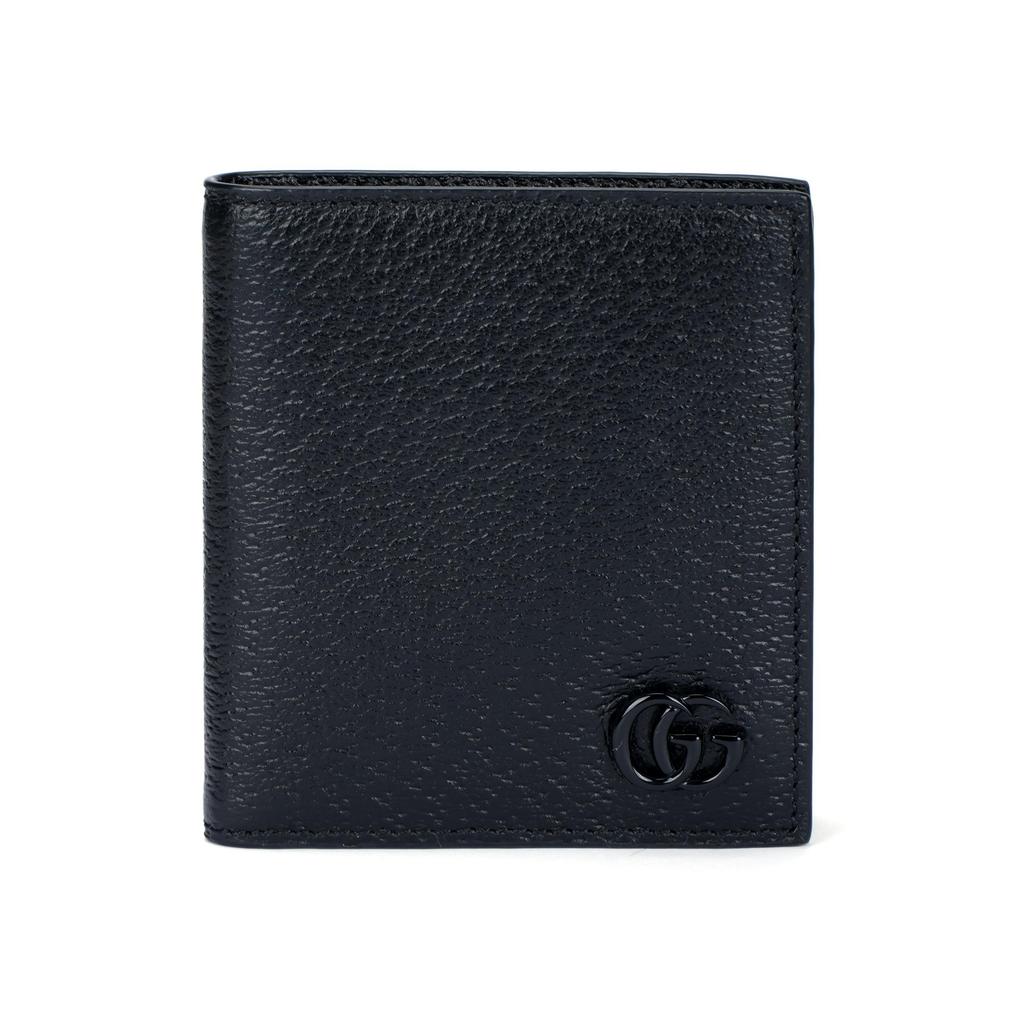 Gucci Складной кошелек GG Marmont, Черная текстурированная кожа с матовой черной фурнитурой GG, Мужской тонкий короткий кошелек для повседневного использования 722737-1T56F-1000