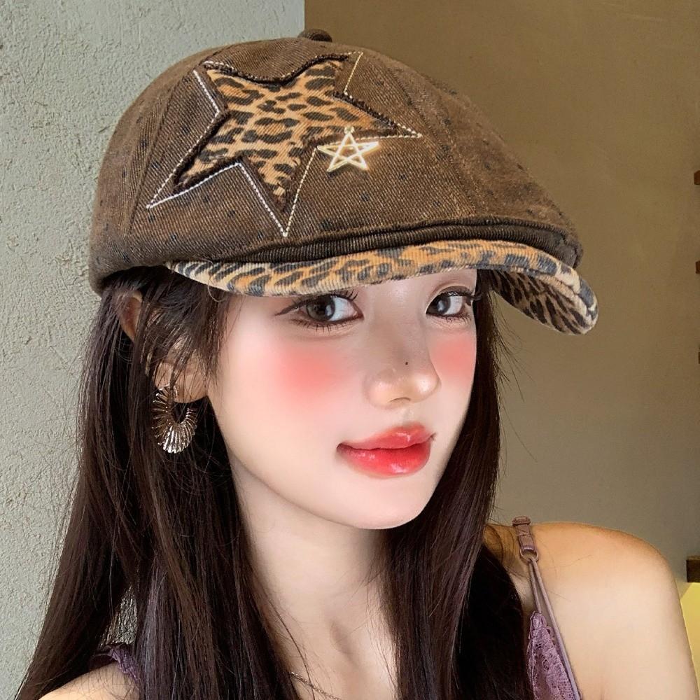 Leopard Denim Beret Hat Star Rivet Forward Hat Vintage Newsboy Cap Harajuku Style