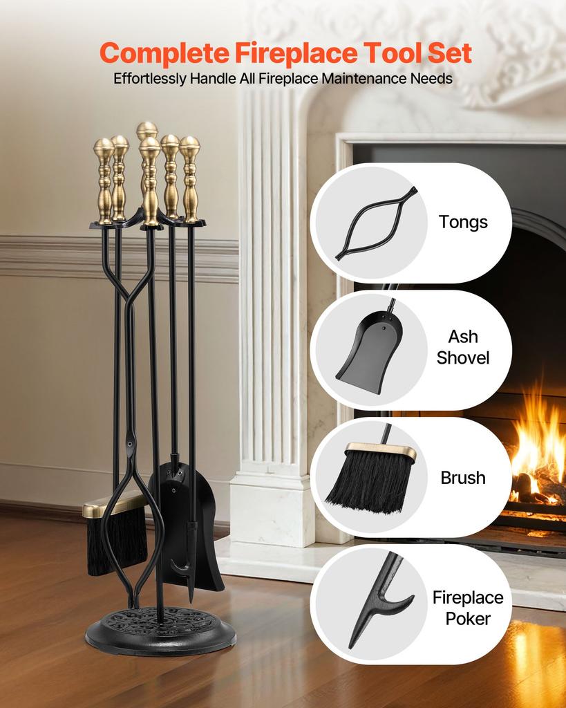 VEVOR Fireplace Tool Set, 5 PCS Fire Tool Set and Holder with Five-Prong Stand, Tongs, Ash Shovel, Brush, Fire Place Poker