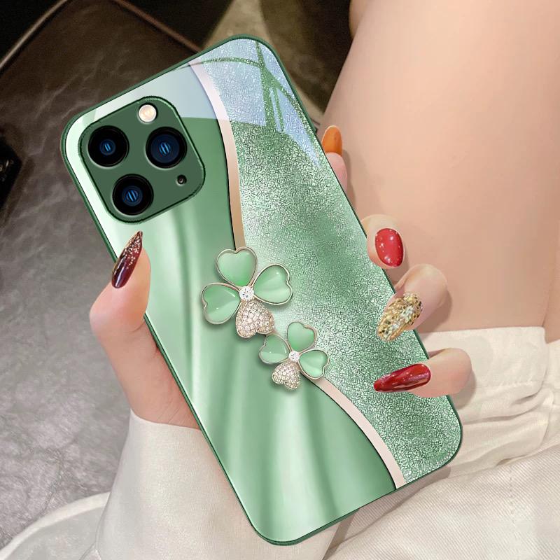 Роскошный чехол для телефона из закаленного стекла с четырехлистным клевером для iPhone 16 Pro Max 15 Pro 14 13 12 Mini 11 XS Max XR 7 8 Plus SE 2022