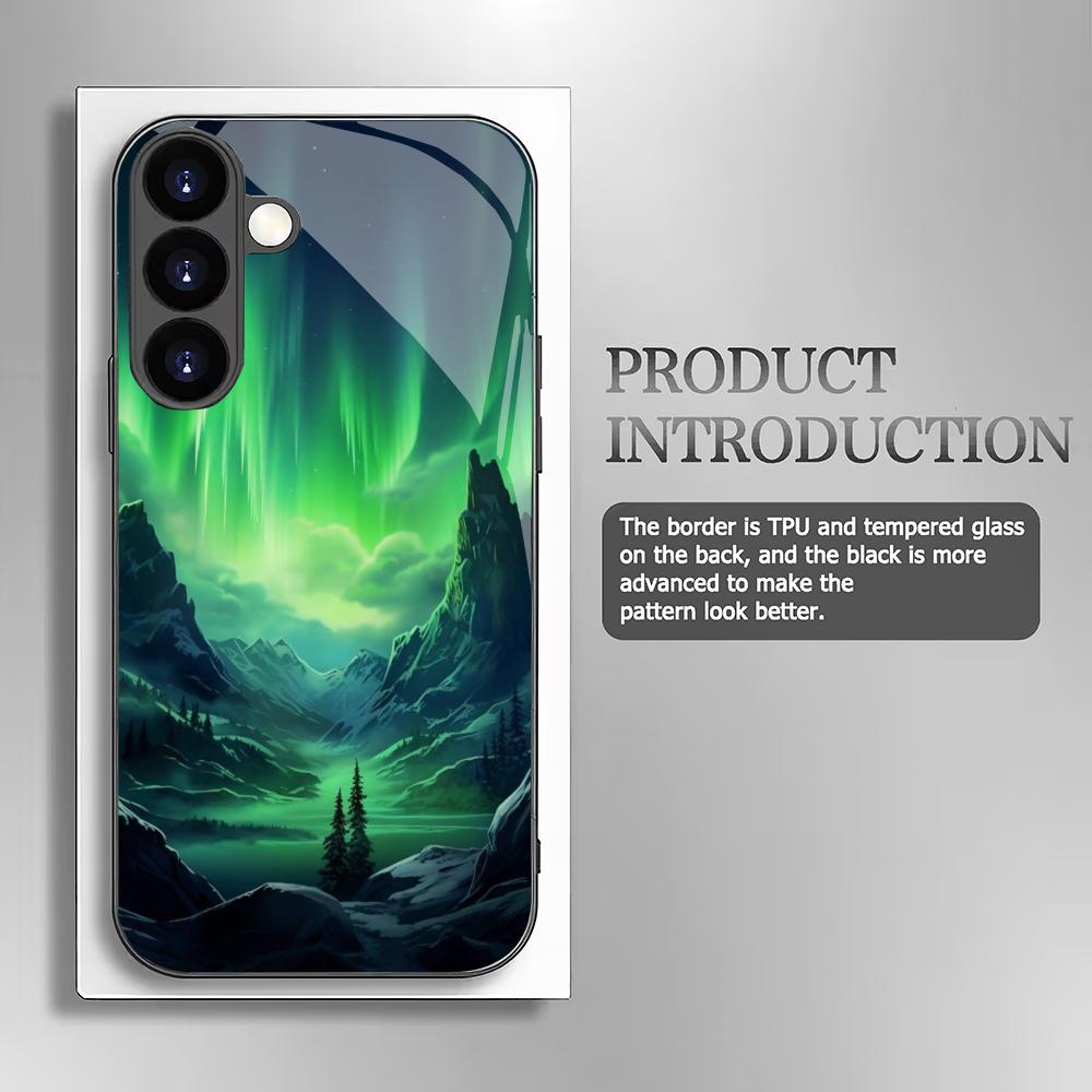 Чехол для телефона из закаленного стекла "Зеленая Аврора" подходит для Samsung Galaxy S26 S25 S24 S23 S22 S20 FE/Ultra/Plus противоударная задняя крышка