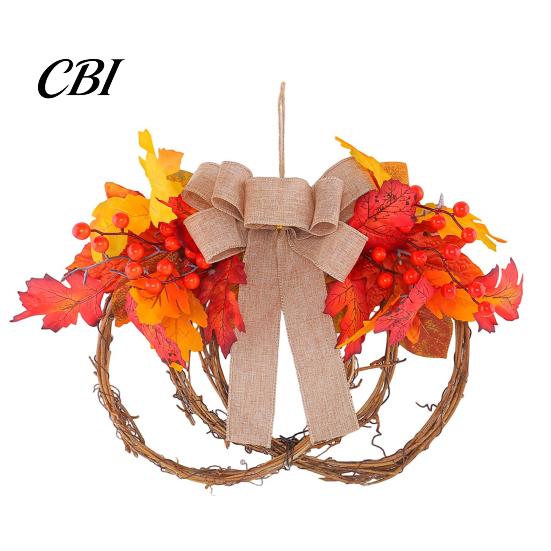 Fall Door Wreath Artificial Maple Leaf for Front Door, Thanksgiving Rattan Garland with Berries And Burlap Bow Autumn Harvest Wall Hanging Decor