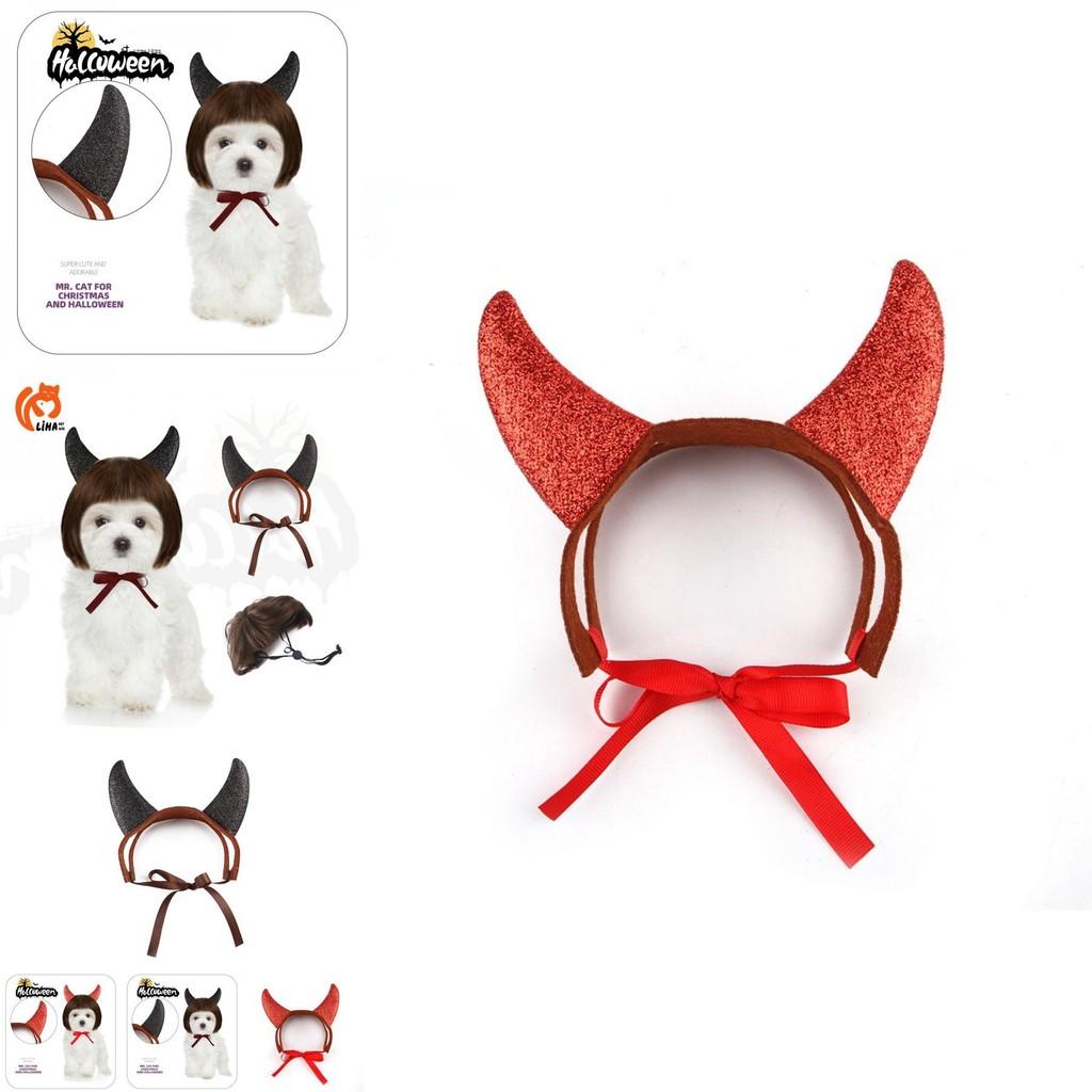 Adorable Pet Costume Accessory Set With Horned Headband And Cute Wig For Parties