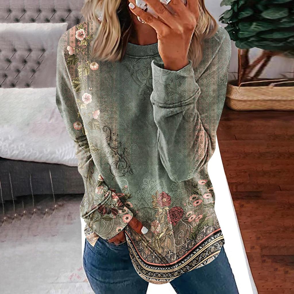Women's Round Neck Tops Cotton Women's Casual Fashion Print  Long Sleeve O-Neck Pullover Top Blouse