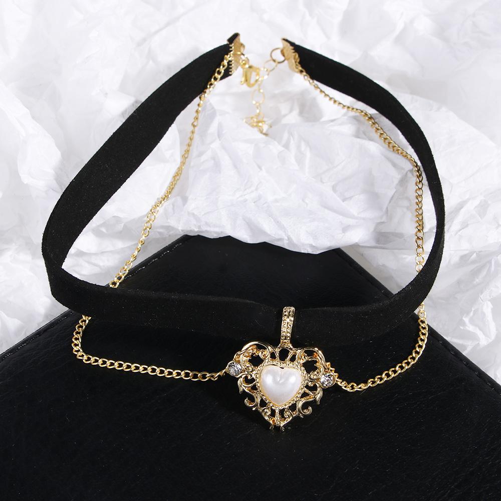 Party Imitation Pearls Velvet Jewelry Short Vintage Love Heart Heart Necklace Pendant Choker Chain