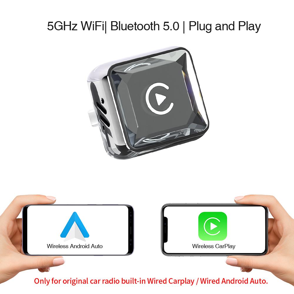 2-в-1 Беспроводной адаптер CarPlay Android Auto Донгл Алмазный Тип C/USB Умная коробка для подключения автомобиля Без задержек Быстрое подключение