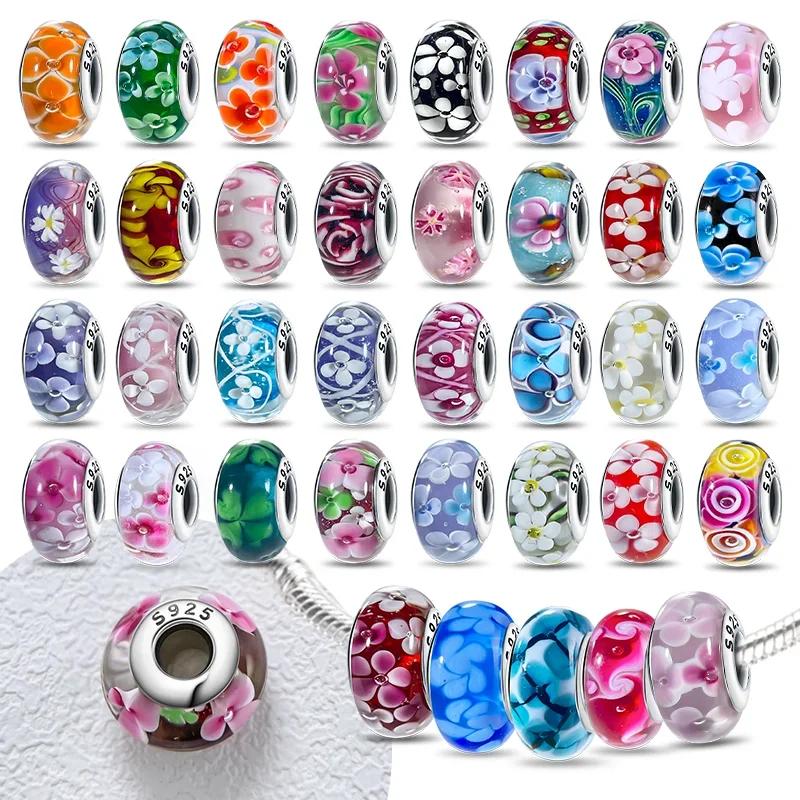 Copper Colorful Flower Series Murano Glass Beads Luxury Charm Fit Original Braceletdiy Fine Jewelry Gift For Women