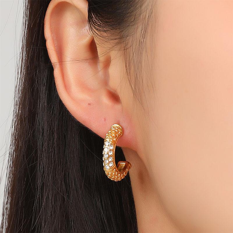 European & American Fashion Subtly Embellished Geometric Zircon Small Studs C Shaped Stainless Steel Earrings Niche Design Women