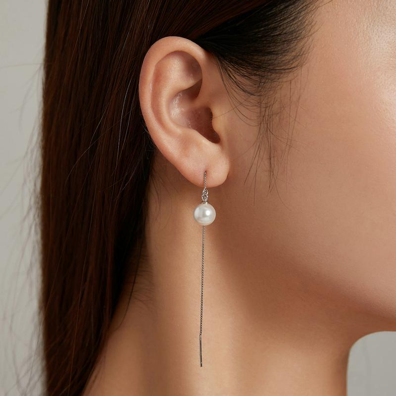 BAMOER 925 пробы серебряные круглые белые жемчужные бусины с длинной цепочкой висячие серьги для женщин изящные ювелирные изделия