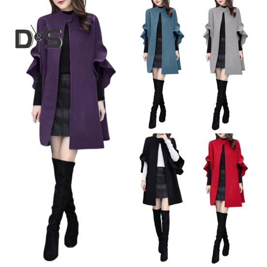 Женское зимнее пальто с рукавами-лепестками, воротником-стойкой, накидкой-трапецией, кардиганом средней длины с открытыми стежкам, шерстяным пальто для улицы, пончо