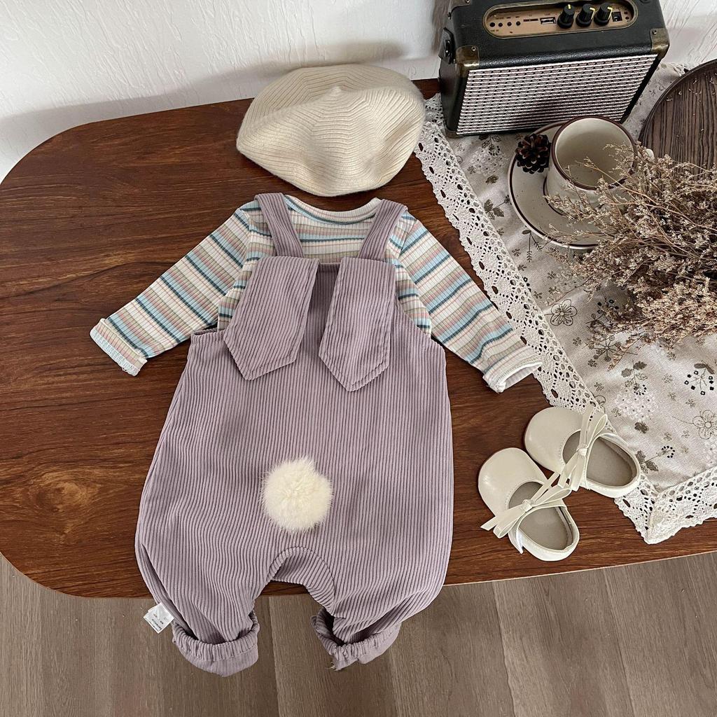 Baby Girl Spring/Autumn Rabbit Romper & Overalls Set: Fashionable Infant Two-Piece Outfit