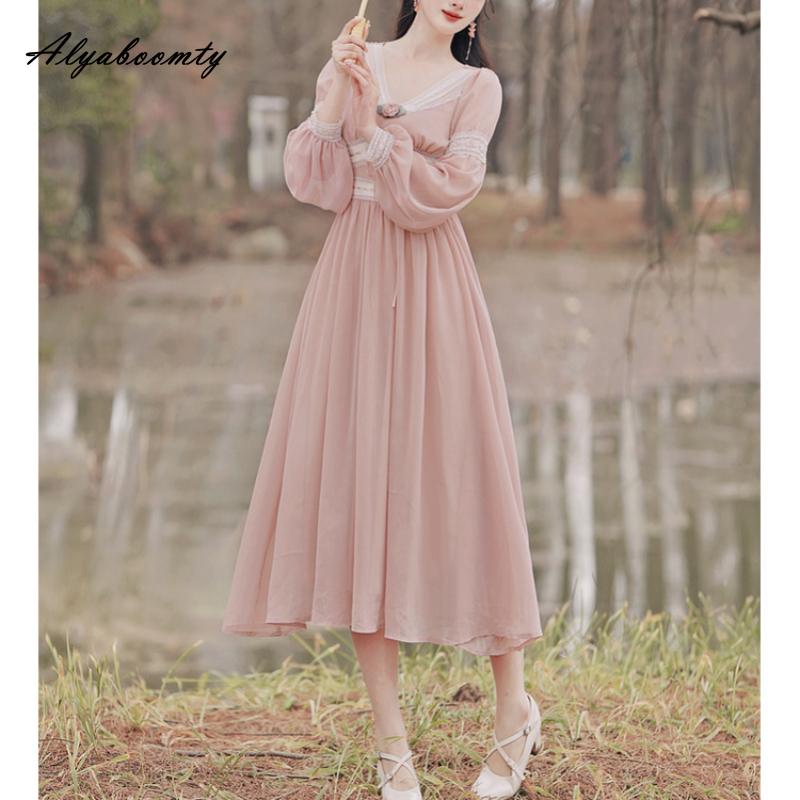 Весенне-осеннее женское сказочное розовое платье миди с v-образным вырезом, кружевное лоскутное платье с бантом и цветочным принтом, элегантное женское шифоновое платье трапециевидной формы