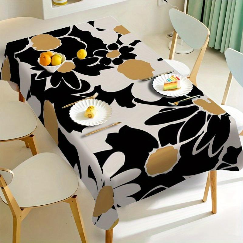 1pc Elegant Black & White Floral Polyester Tablecloth - Easy to Clean, Perfect for Spring/Summer Dining | Ideal for Indoor/Outdoor Use, Holidays, Part
