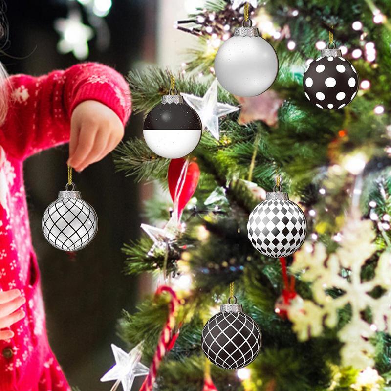 12pcs 8cm Christmas Balls Ornaments Funny Wooden Shatterproof Christmas Tree Decorations Black White Ball Christmas Decor