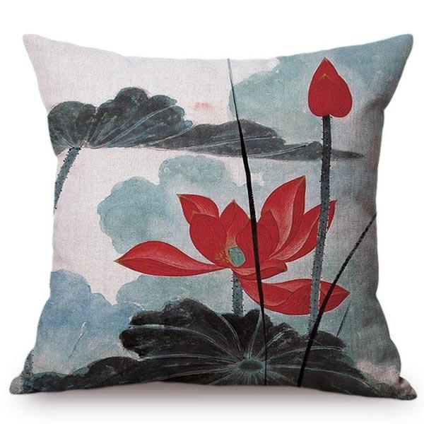 Chinese Style Vintage Ink Painting Lotus Pattern Throw Pillow Cover Classical Luxury Cushion Cover Sofa Decoration Pillowcase