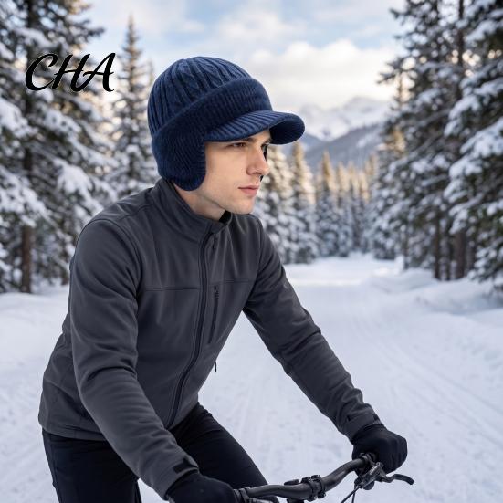 Winter Cap with Ear Flaps Hat Brim And Flaps, Fleece Lined Knitted Hat, Cozy Protection for Snowboarding Fuzzy Warm Visor Men, Cold Weather