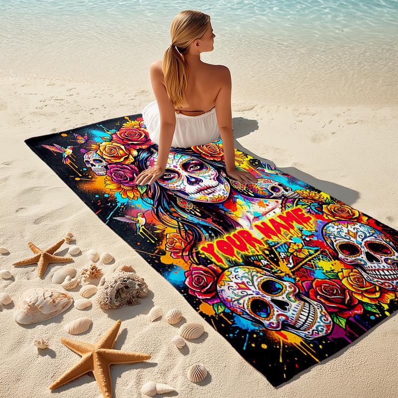 1PC Custom Name Day Dead Celebration Beach Towel Highly Absorbent And Sand-Resistant Towel for Swimming, Pool, Yoga, And Travel Lightweight