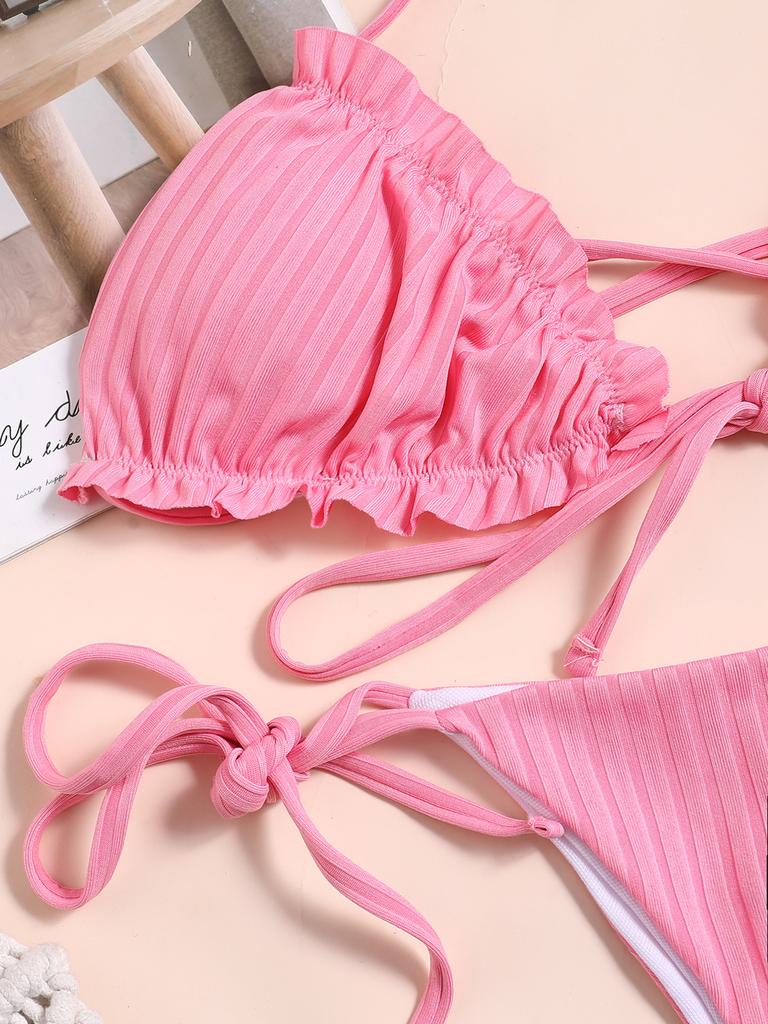 Женский сексуальный розовый купальник из двух частей с завязками по бокам, пляжная одежда, комплект бикини