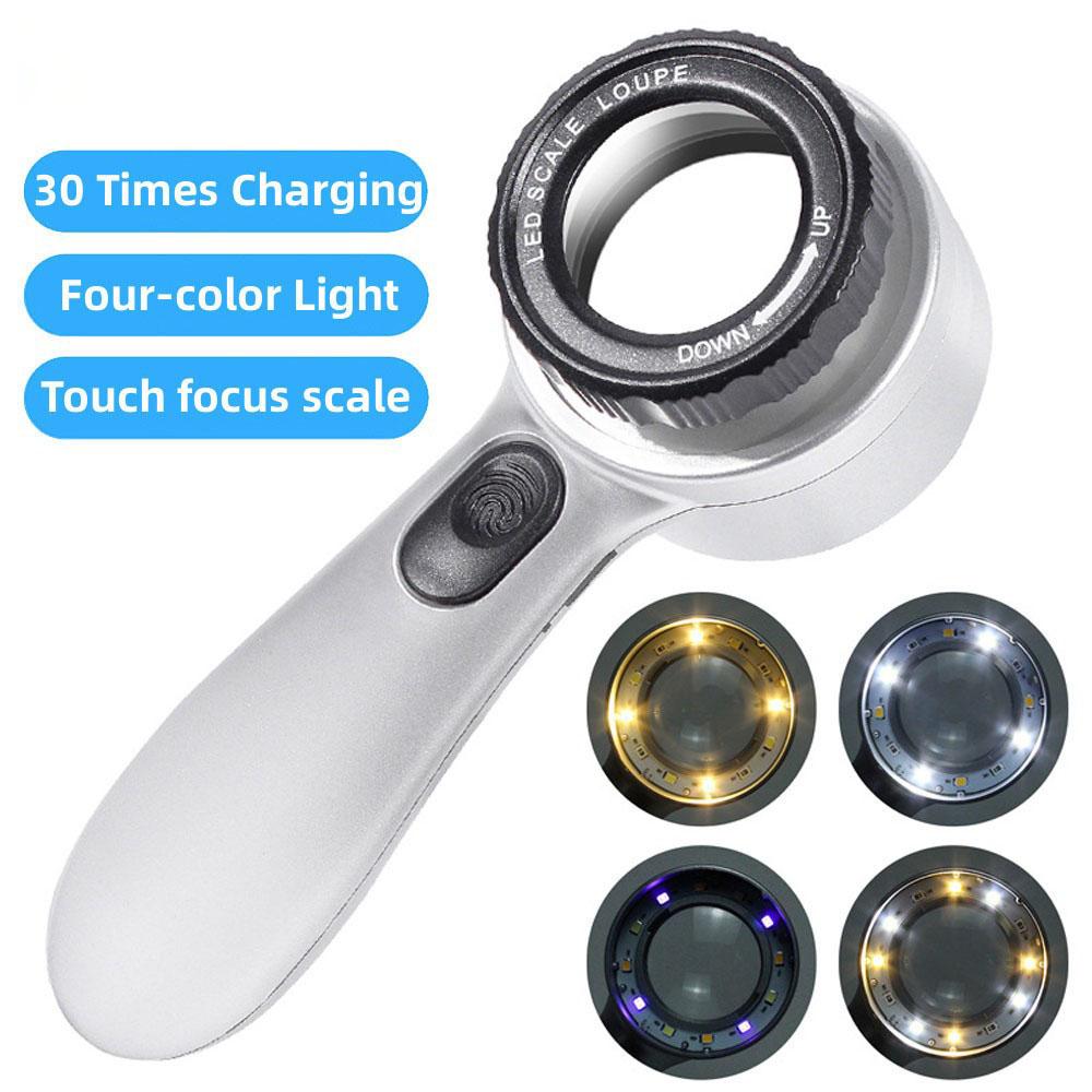 30x Handheld Rechargeable Magnifier With 4-color Led Light For Antiques Jewelry Appreciation Reading Books And Fine Inspection