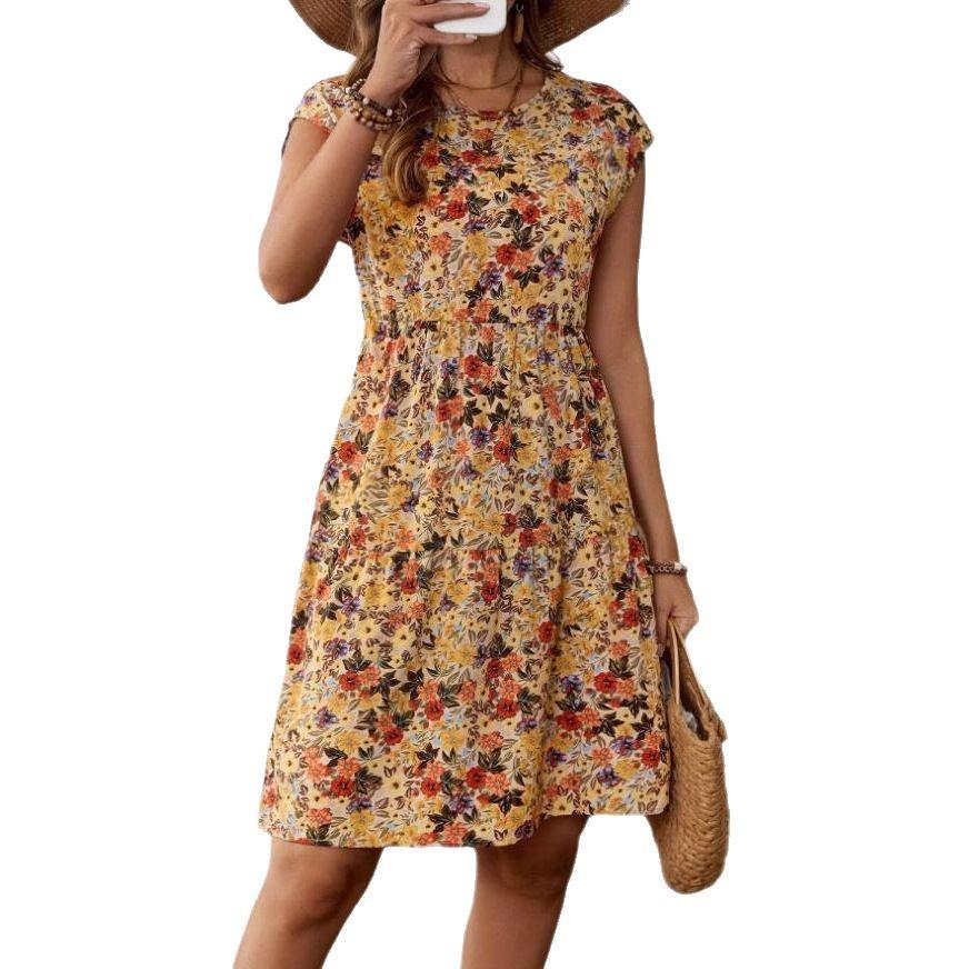 Women Summer Short Sleeve Round Collar Flower Printed One Piece Dress