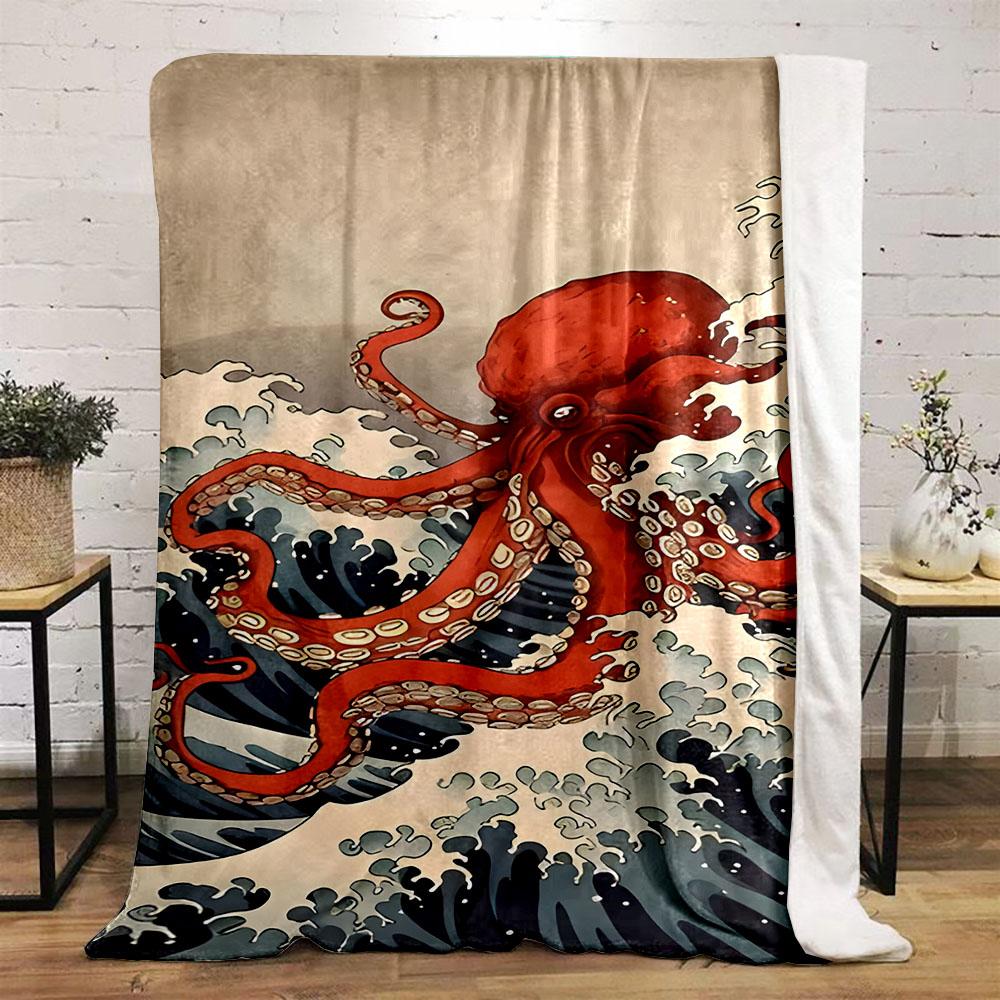 Red Octopus in Stormy Waves Patterned flannel blanket perfect for the bedroom living room, sofa, or a little nap