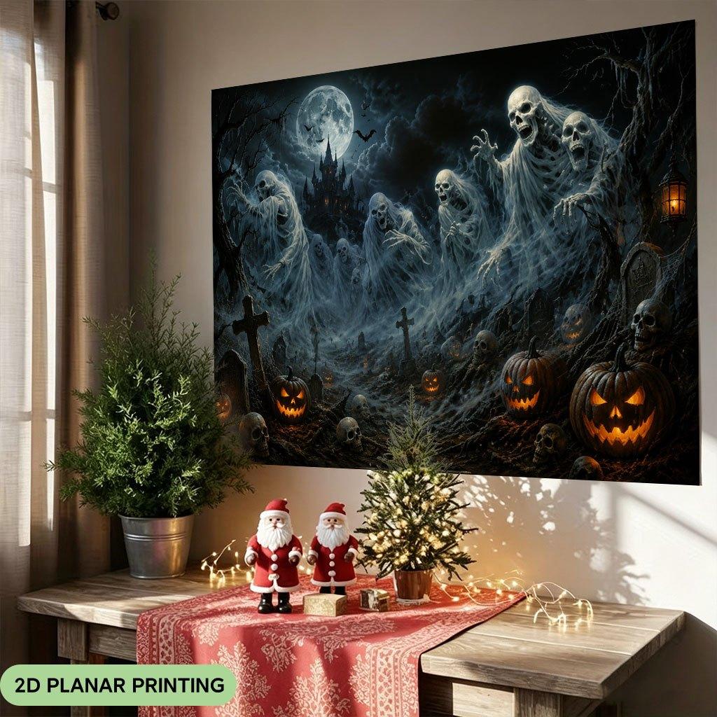 1 piece of 2D flat banner, Halloween pumpkin ghost night horror, polyester fabric background cloth