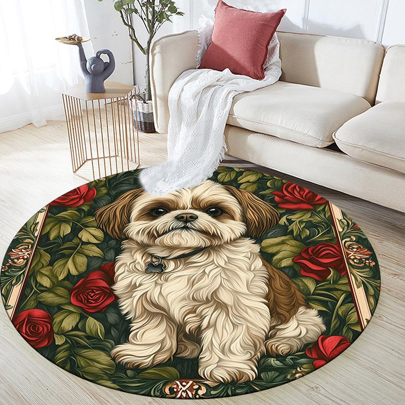Rose Dog,Round Area Rug,Carpet Rug for Living Room Bedroom Sofa Playroom Decor,Non-slip Floor Mat