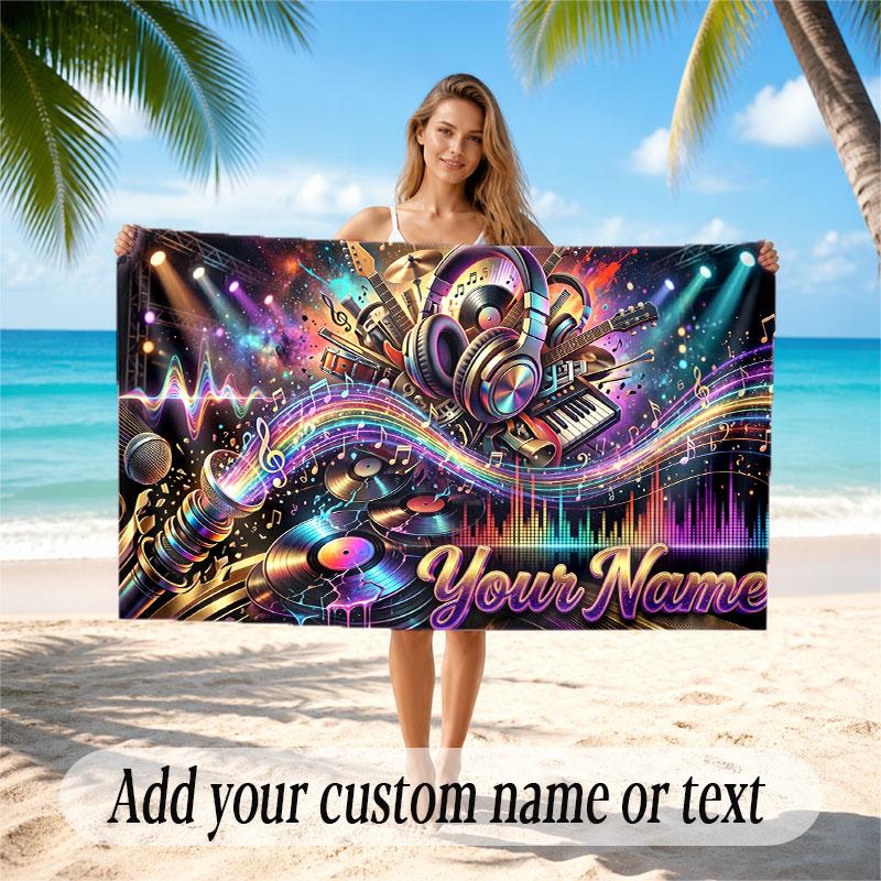 Music General Theme Beach Towel Personalized Custom Name & Text Soft Quick Dry Beach Towel for Swimming Travel