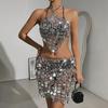 Sexy Backless Halter Neck Nightclub Skirt Set with Mirror Sparkle