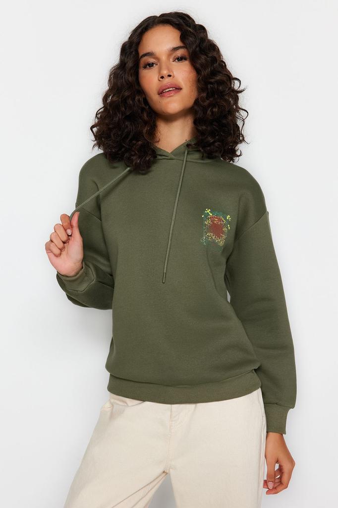 Женская модная стильная толстовка цвета хаки, толстая внутренняя часть из флиса с принтом спереди и сзади, свободный размер, широкая вязаная толстовка