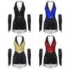 Womens Latin Dance Leotard Halter Sleeveless Backless Sparkling Sequins Tassel Design with Metallic Gloves Performance Wear