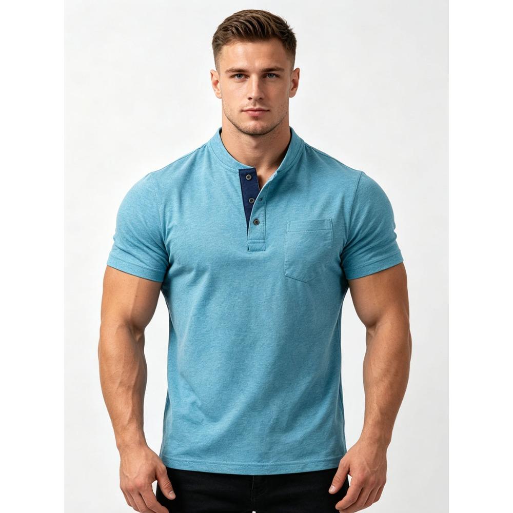 Мужская футболка-henley с коротким рукавом, 95% хлопок - Повседневная футболка с пуговицами на воротнике и карманом - Мягкий дышащий летний топ