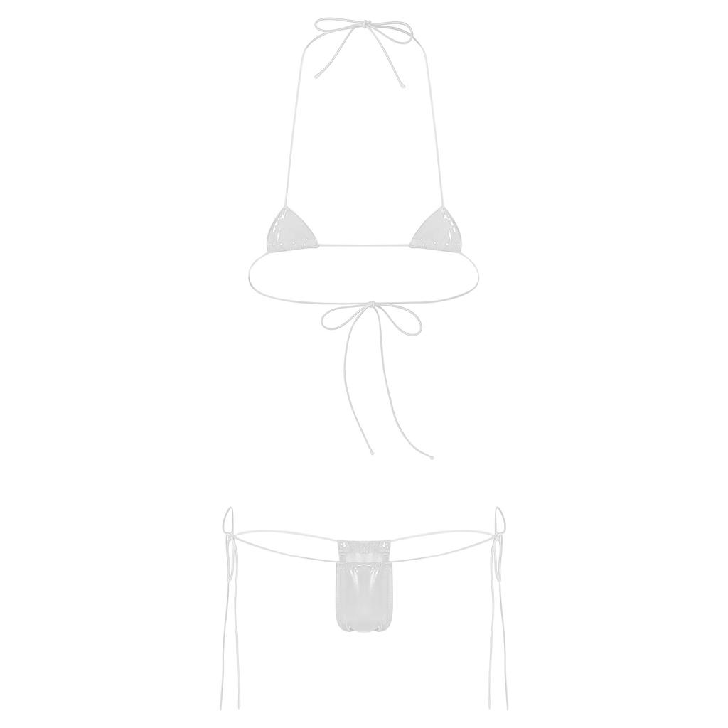 Womens Wet Look Halter Bikini Set High Shine Micro G-string with Adjustable Lace-Up Bra