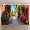2D plane 1 piece. Colorful Italian alley with blooming flowers and cobblestone pavement - outdoor celebration -garden decoration