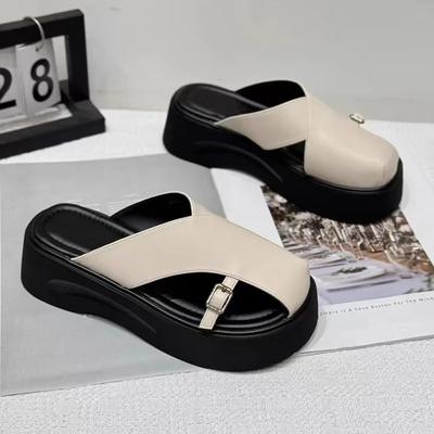 Модные женские шлепанцы на платформе, с закрытым носком, с ремешком на одной линии, с круглым носком, женская обувь для платья, для отдыха, в римском стиле, летние, zapatillas de mujer