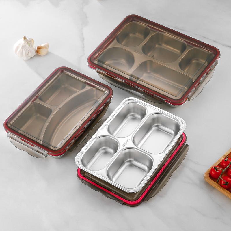 Утолщенная нержавеющая сталь 304, коробка для ланча и тарелка, школьная столовая, коробка для хранения свежих продуктов, 2/3/4/5 сеток, кемпинговая коробка для бенто с крышкой