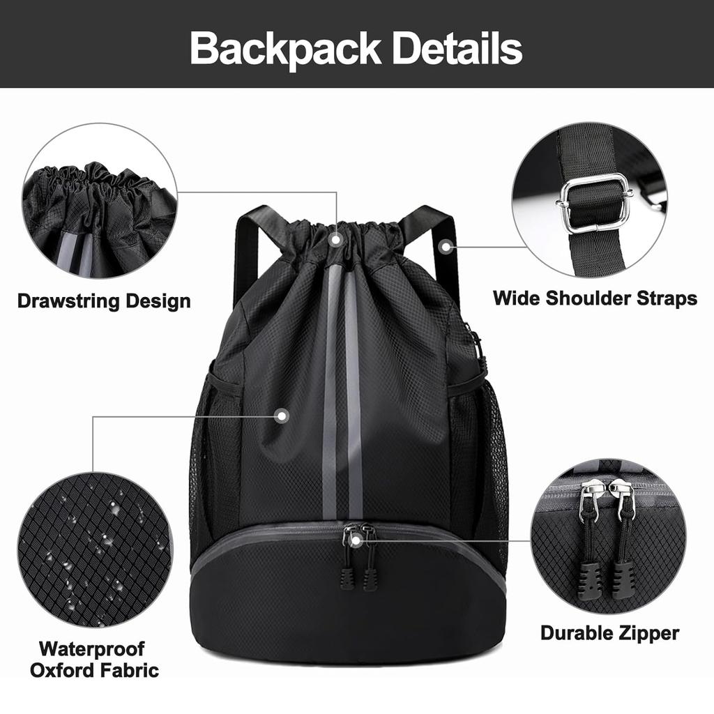 Sports Drawstring Backpack Bag with Shoes Compartment Wet Proof Pocket for Women Men Large Capacity String Swim Gym Sackpack Bag