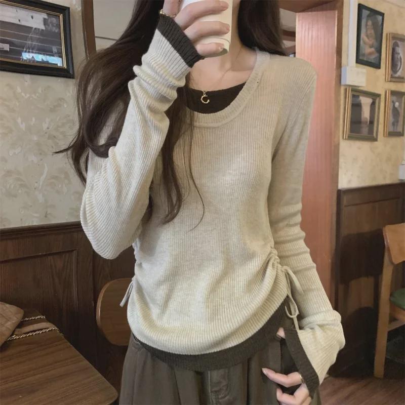 2025 Autumn/Winter Korean Style U-Neck Contrast Color Knitted Long Sleeve Drawstring Top