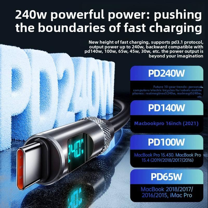 240W C to C Super Fast Charging Data Cable Flexible Silicone Digital Display Compatible iPad for Galaxy for iPhone 15Pro Max