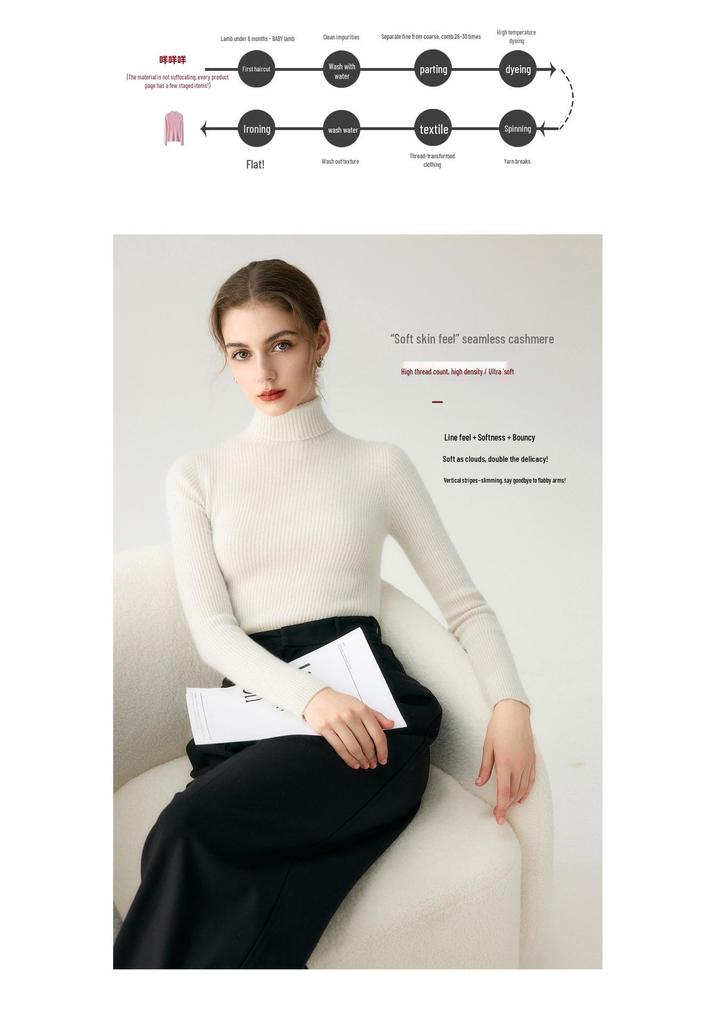 Women's High Neck 100% Pure Cashmere Sweater - Thickened, Slimming, Warm Knit Base Layer