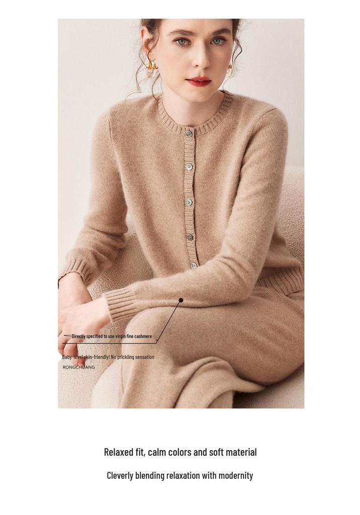 Women's Slim Fit Cashmere Knit Cardigan – Round Neck, Thickened, Versatile, Skin-Friendly Wool Coat for Autumn/Winter.